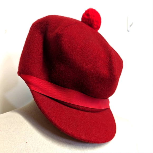 Vintage Accessories Vintage Tall Red Felt Hat With Brim And Pom Pom